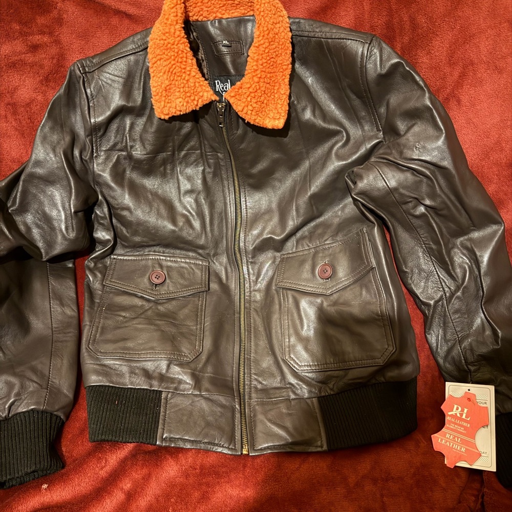 RL Women's Brown Leather Bomber Jacket with Orange Collar